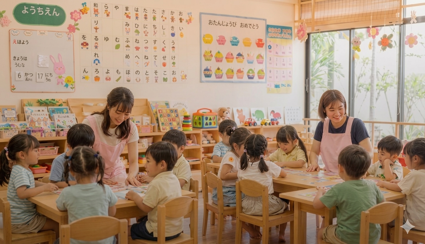 バンコク日系幼稚園の教室で先生と子どもたちが学ぶ様子