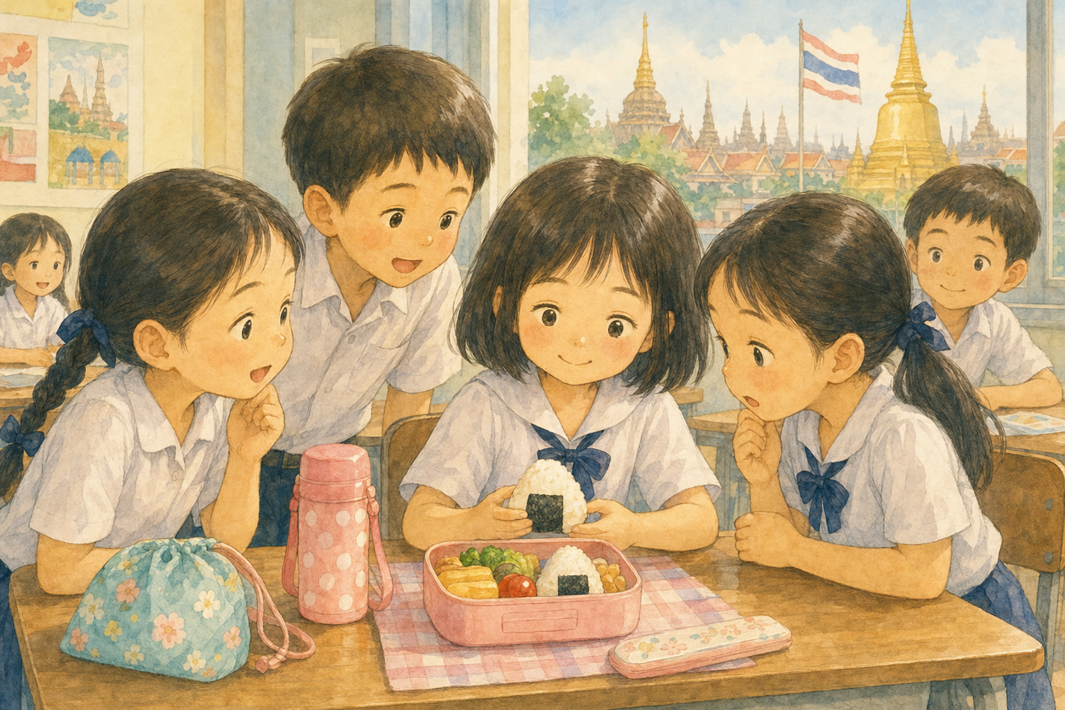 バンコクの学校でおにぎりを見せる女の子